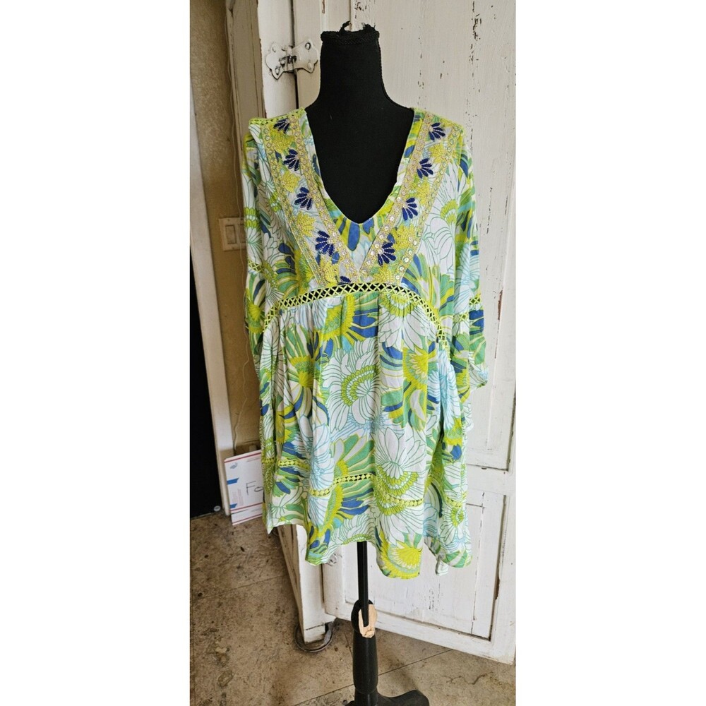 Miss June Paris Floral  Tropical Boho Blue Green  Dress